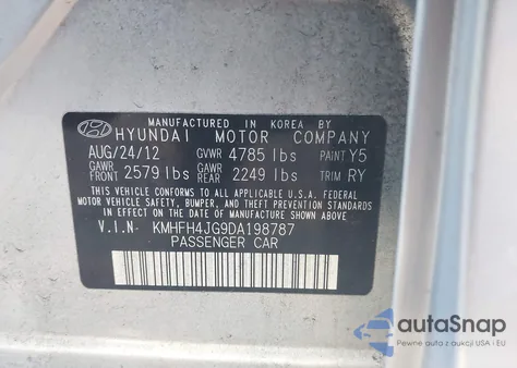 2013 Hyundai Azera из США, поврежденный, VIN KMHFH4JG9DA198787